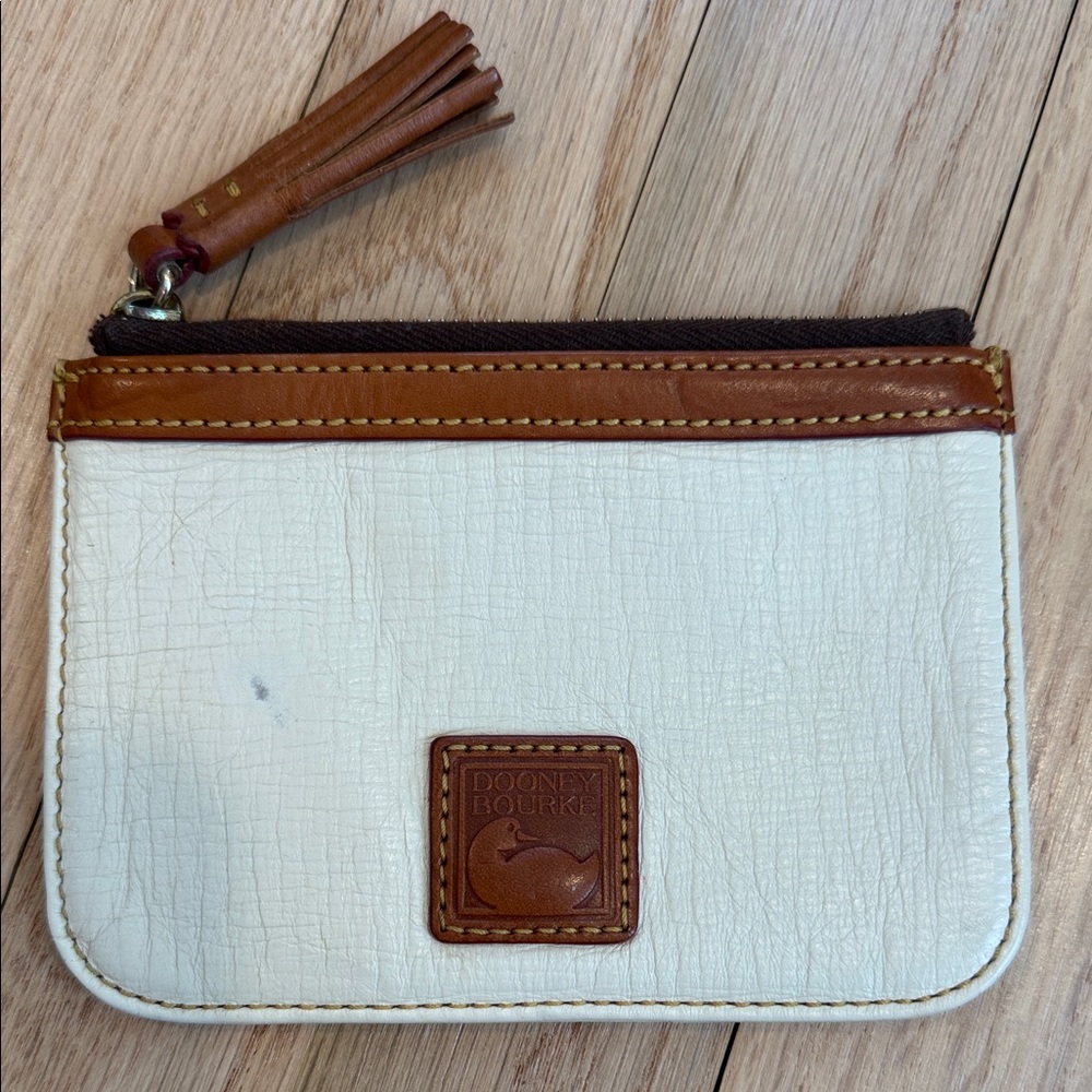 Dooney & Bourke Cream Leather Zip Pouch with Brown Trim